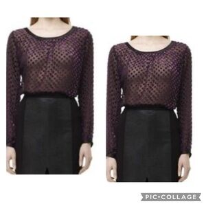 CLUB MONACO Women’s Black Purple Silk Blend Velvet Burnout Polka Dot Top Size M